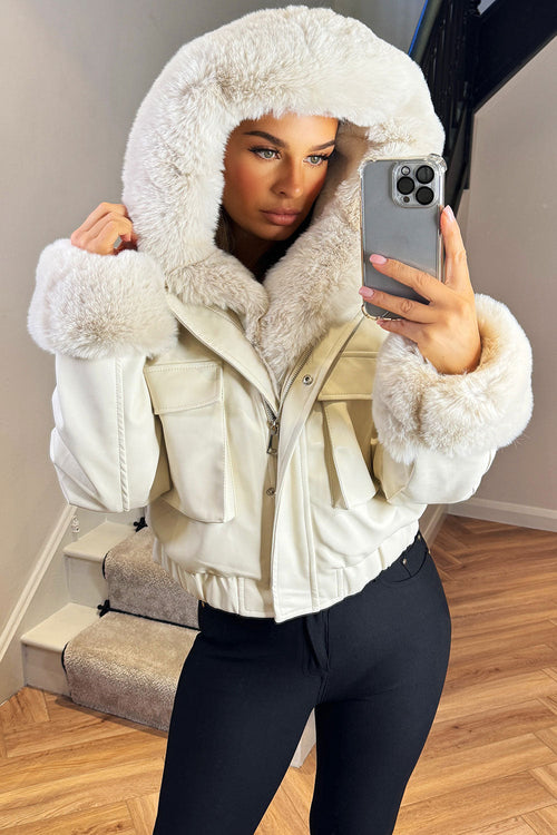 Faux Fur Bomber Jacket In Faux Leather Beige