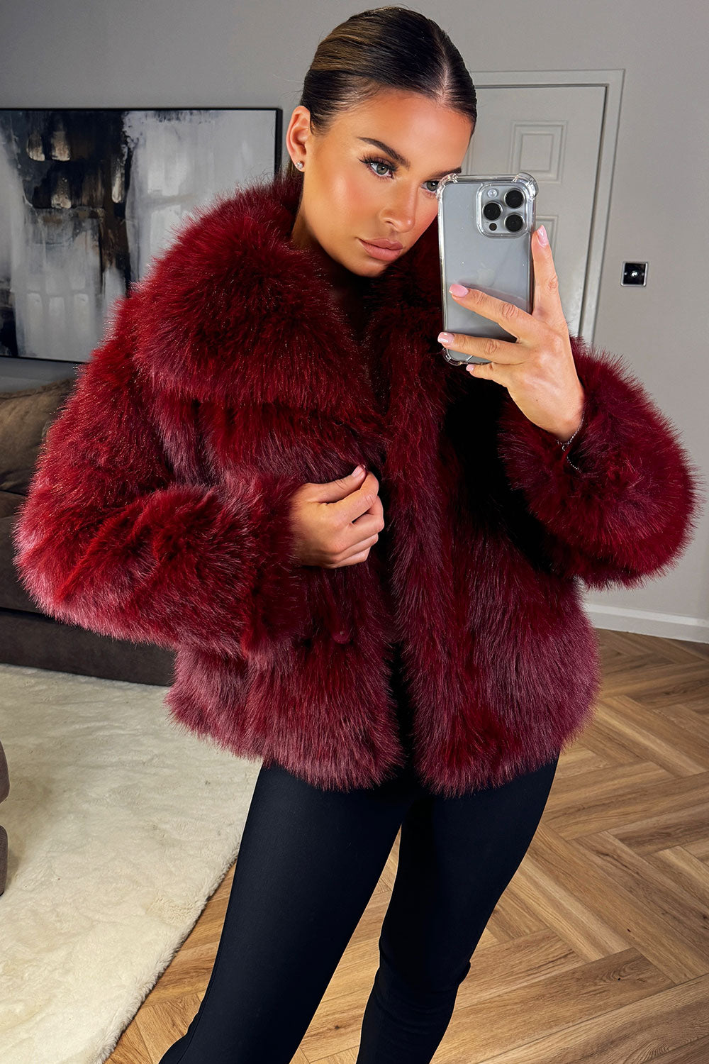 Burgundy Faux Fur Short Plush Jacket